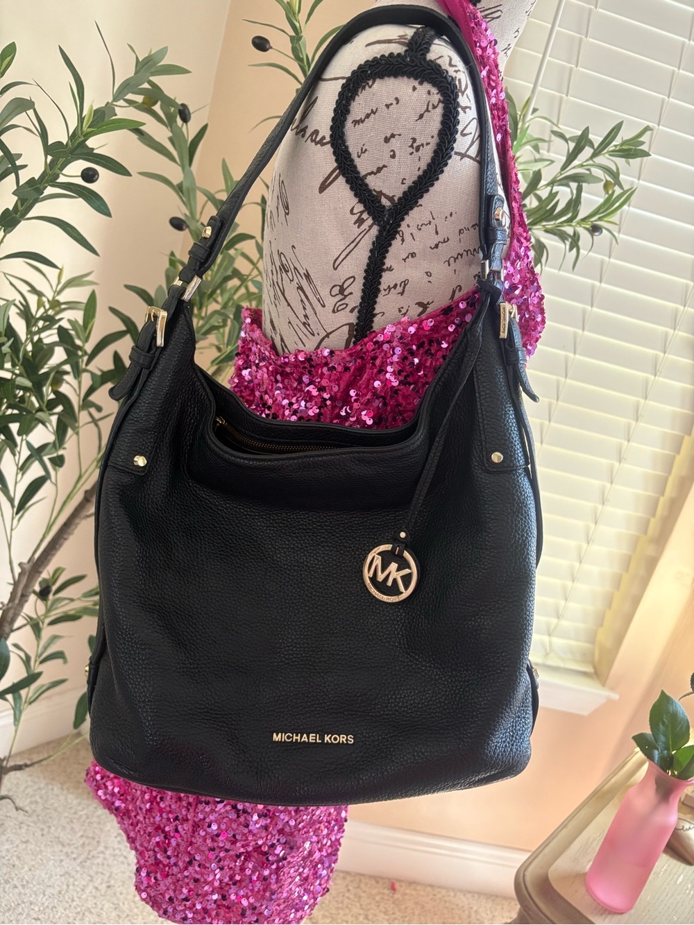 Michael Kors Black Belted Bedford Pebbled Leather Shoulder Bag